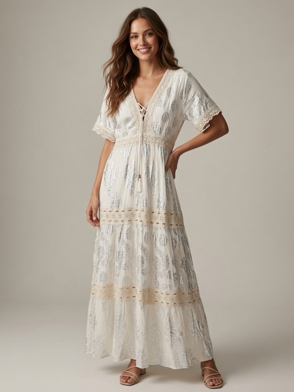 Me 2 Magic boho maxi dress V-neck and metallic embroidery size 3X Anthropologie